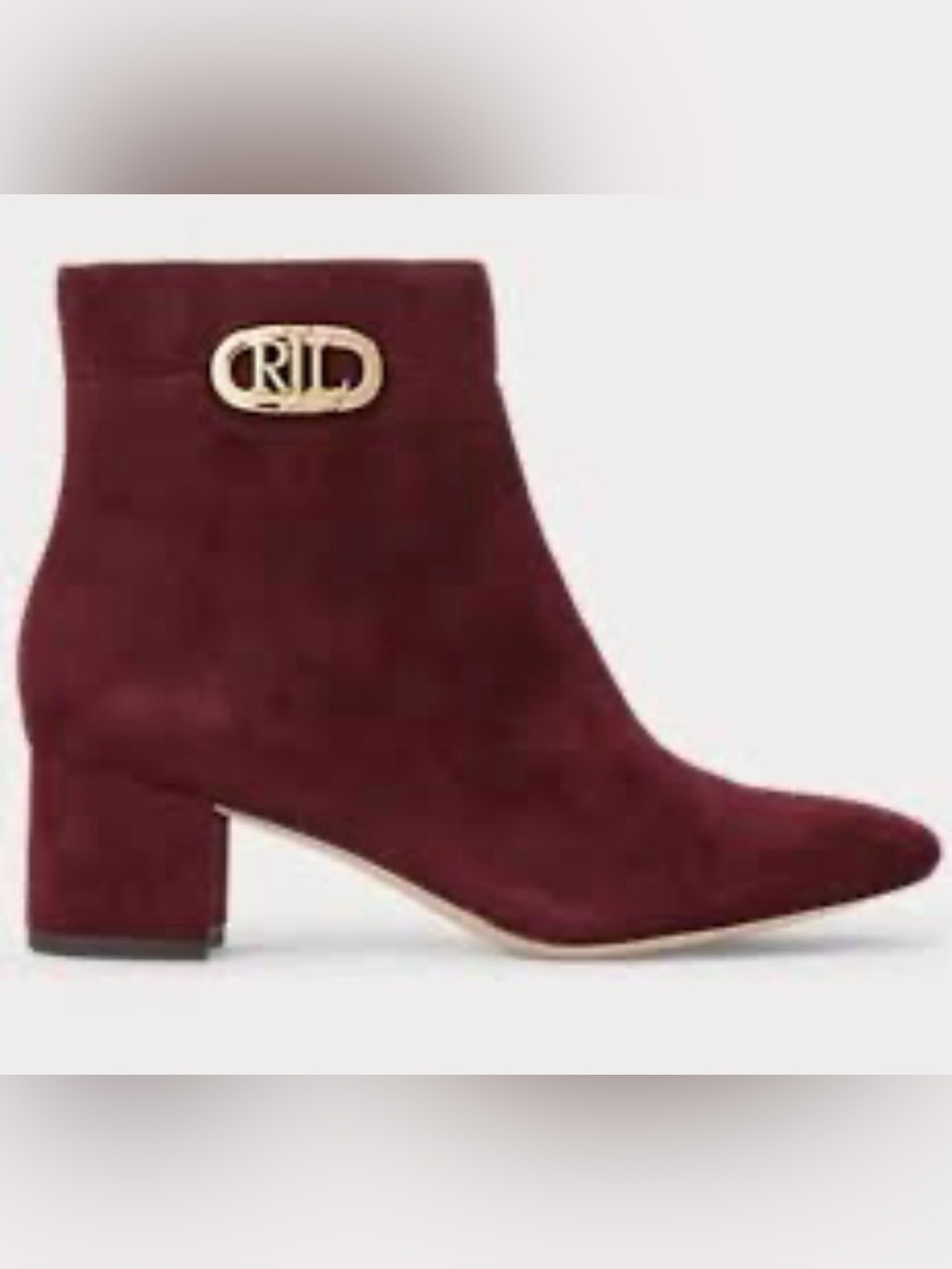 Lauren Ralph Lauren Burgundy Suede Ankle Boot with Gold Emblem